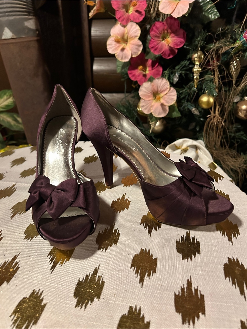 Madden Girl Plum Satin Peep-Toe Heels with Bow Detail